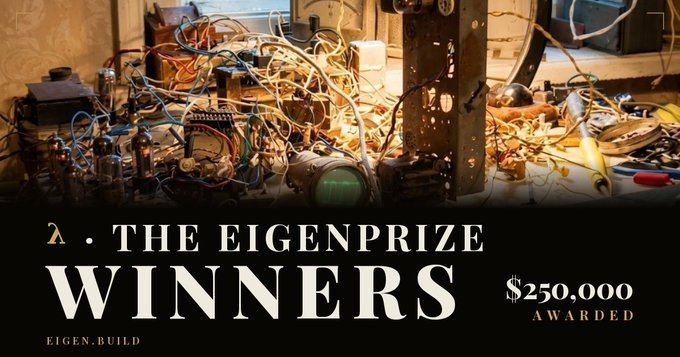 Banner image for 'THE EIGENPRIZE WINNERS' showing a cluttered workbench of electronics and wires above the text '$250,000 AWARDED' by EIGEN.BUILD.