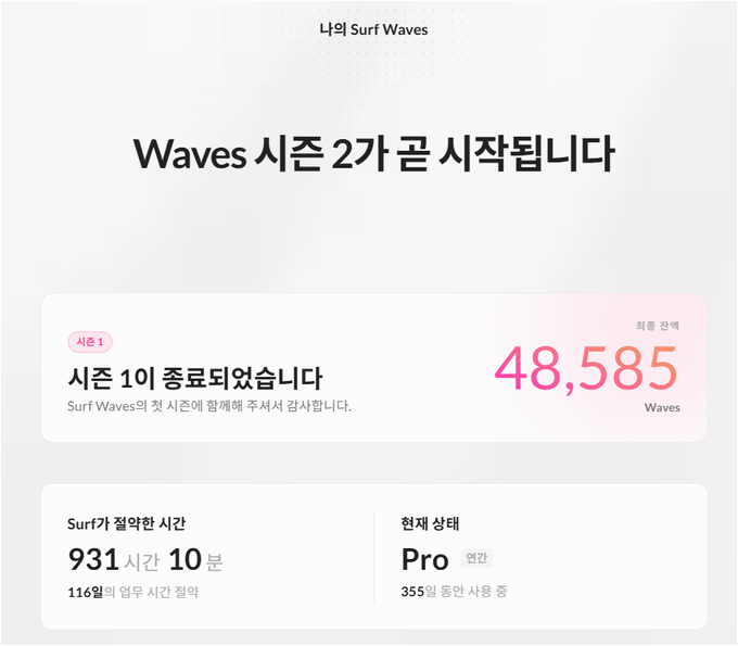 A Korean-language graphic titled 'Waves 시즌2가 곧 시작됩니다' announces the upcoming Season 2 of '나의 Surf Waves' with 48,585 final Waves and a total surfing time of 931 hours 10 minutes.