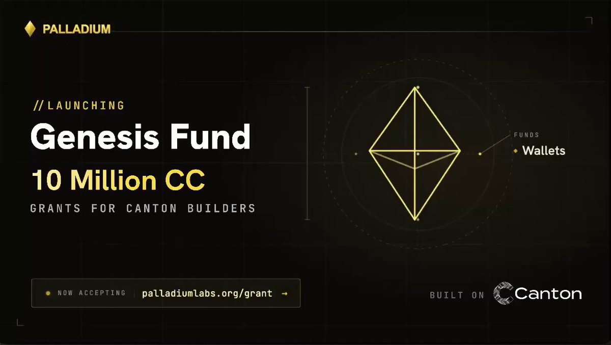 A promotional graphic from Palladium Labs announces the launch of their "Genesis Fund," a 10 Million CC grant program for builders on the Canton Network, with a call-to-action directing applicants to palladiumlabs.org/grant. The post highlights that this $1.5M USD fund offers more than just capital—it provides direct access to Alpend infrastructure for credit, setting it apart from typical grants.