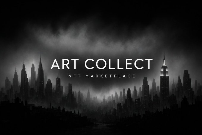 A dark, atmospheric promotional banner for 'ART COLLECT NFT MARKETPLACE' displayed over a silhouette of a city skyline with the Empire State Building visible on the right.