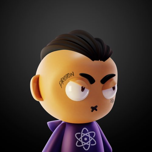 A 3D-rendered cartoon character with a 'PROTON' tattoo on his face wears a purple shirt featuring an atom logo.