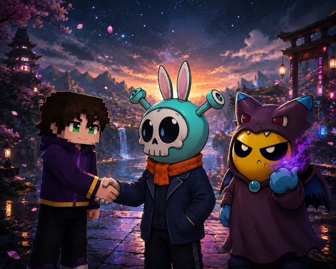 Three cartoon characters—a blocky green-eyed figure, a skull-masked bunny, and a fiery demon-like creature—shake hands beneath a starry twilight sky scattered with cherry blossoms. The image visually echoes the post's message of community collaboration and mutual kindness among NFT founders supporting Penni.
