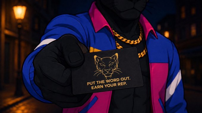 An animated anthropomorphic panther character wearing a blue and pink jacket and a gold chain holds out a black card with a panther logo and the text "PUT THE WORD OUT. EARN YOUR REP."