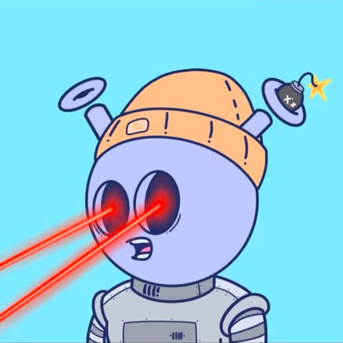 A cartoon illustration of a purple robot with an orange construction-style hard hat shooting red laser beams from its eyes against a cyan background.