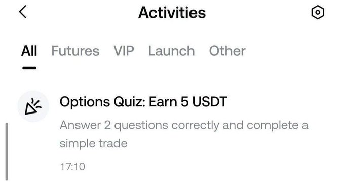 The image shows the "Activities" section of the Gate.io mobile app, displaying an "Options Quiz: Earn 5 USDT" promotion where users must answer 2 questions correctly and complete a simple trade, with the post providing instructions and quiz answers (B, A) to claim the reward.