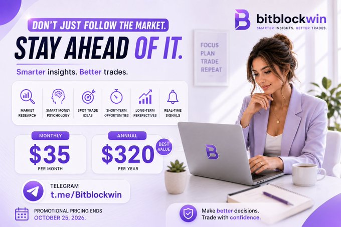A promotional graphic for **bitblockwin** featuring a woman in a purple blazer working on a laptop, with the tagline "Don't just follow the market. Stay ahead of it. Smarter insights. Better trades." It highlights six service features (Market Research, Smart Money Psychology, Spot Trade Ideas, Short-Term Opportunities, Long-Term Perspectives, and Real-Time Signals) along with pricing of $35/month or $320/year, a Telegram link (t.me/Bitblockwin), and a promotional deadline of October 25, 2026. The post emphasizes how bitblockwin offers a structured alternative to random crypto calls, providing organized research, signals, and trade ideas for more informed trading decisions.