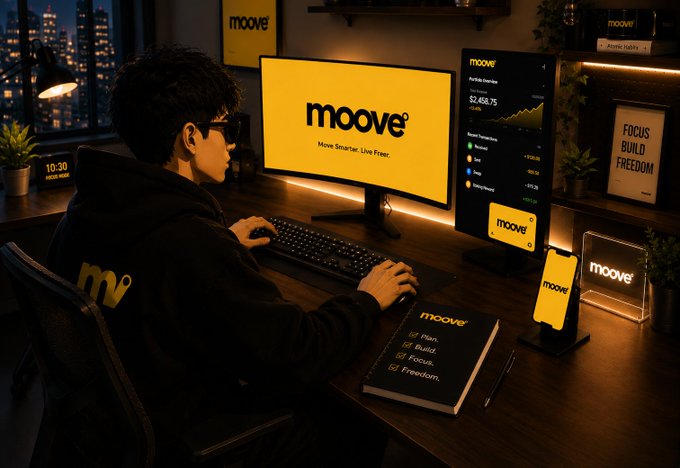 Person in a black hoodie wearing sunglasses working at a multi-monitor setup branded with 'moove' logos, displaying a yellow screen with 'Move Smarter. Live Free.' and a portfolio balance of $2,458.75 in a dimly lit room with city views.