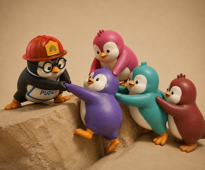 A 3D rendered illustration shows a group of colorful penguin characters, including one wearing a hard hat and glasses with 'PUDGY' on its belly, on a rocky surface.