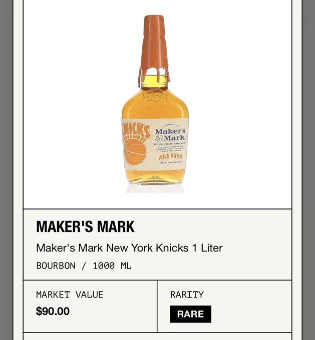 The image shows a close-up of a bottle ofMaker's Mark x Knicks 1L, also known as Maker's Mark Manhattan whiskey, displayed against a white background. The bottle has a brown glass that reflects its contents. Below the bottle is text in black and orange providing information about the item for sale. This description includes details such as the market value, rarity, and worth of the whiskey bottle.
