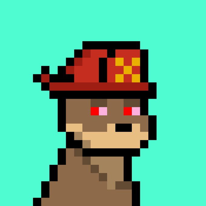 A pixel art portrait of a brown bear-like character wearing a red cap against a teal background, with red eyes.