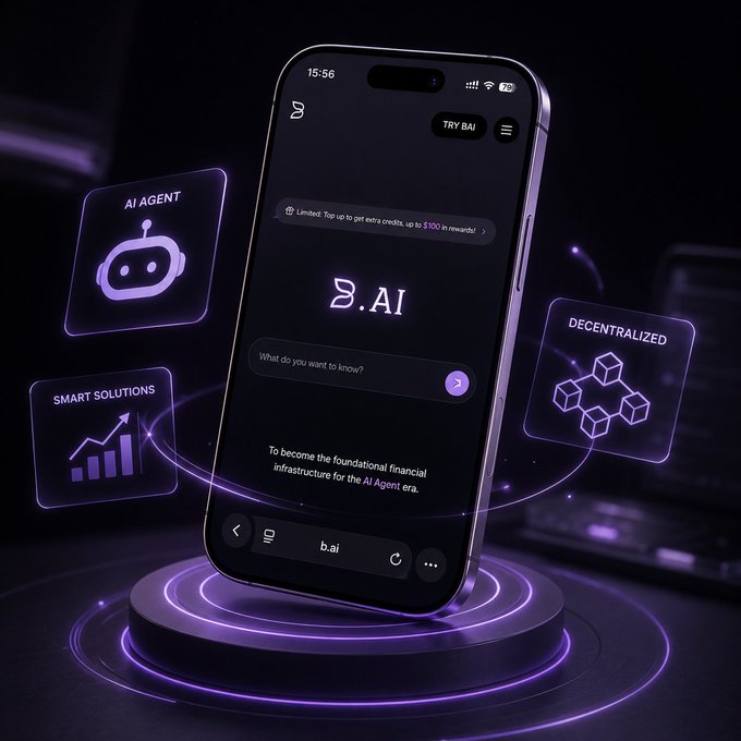 The image showcases the B.AI interface on a smartphone, highlighting "AI AGENT," "SMART SOLUTIONS," and "DECENTRALIZED" icons, visually representing the app's core functionalities for AI-powered trading.