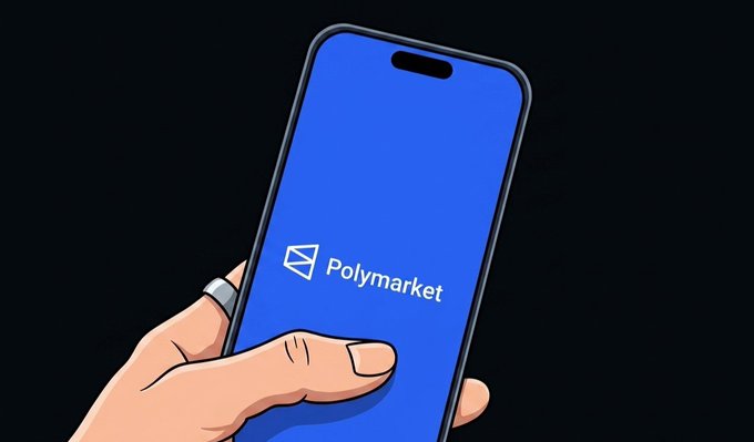 iphone screen displaying a blue phone with the Polymarket logo, held by a hand against a black background.