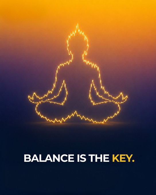 A glowing silhouette of a person meditating in lotus pose is outlined in jagged market chart lines against an orange-to-navy gradient background, with the text "BALANCE IS THE KEY" displayed below. The imagery visually reinforces the caption's message by depicting the chart volatility as the very form of tranquility, suggesting that centering oneself remains constant regardless of market movements.
