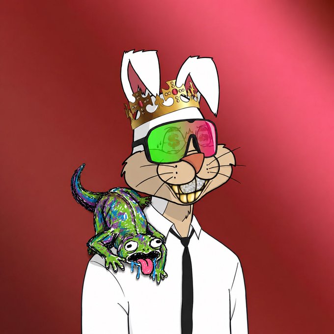 A cartoon illustration of a rabbit character wearing a gold crown, red and green sunglasses, and a white shirt with black tie, with a small green chameleon perched on its shoulder, set against a red gradient background.