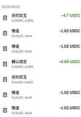 A mobile screen displaying a transaction history dated 2025/09/22, showing contract buy and sell entries with USDC amounts including -1.02 USDC, +4.7 USDC, and +6.58 USDC.