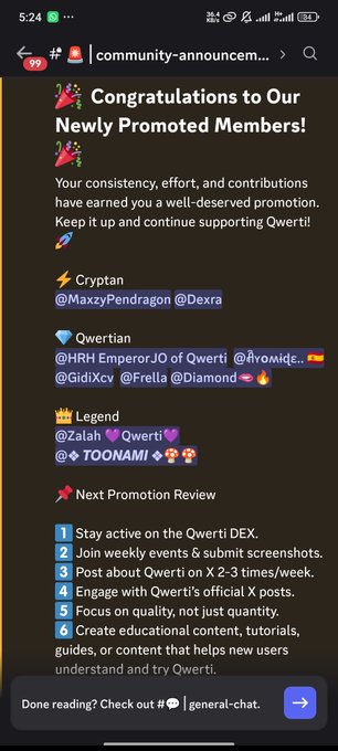 A Discord announcement titled 'Congratulations to Our Newly Promoted Members!' from a community-announcement channel, recognizing members promoted to Cryptan, Qwertian, and Legend tiers with criteria for future promotion reviews.