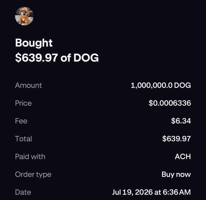 A Coinbase purchase confirmation showing the user bought $639.97 of DOG (1,000,000 tokens at $0.0006336) via ACH on July 19, 2026. The receipt serves as proof supporting their announcement of joining the "$DOG Army."