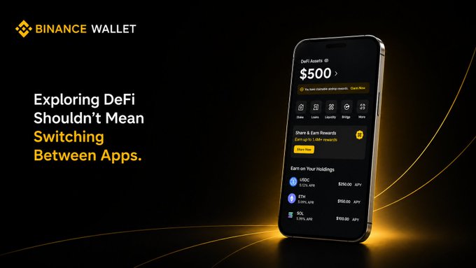 A promotional image for Binance Wallet's DeFi feature showcases a smartphone displaying a unified dashboard with $500 in DeFi assets, offering options like Stake, Loan, Liquidity, and Bridge, along with "Share & Earn Rewards" yielding up to 1,688+ rewards and APYs for USDC (6.12%), ETH (3.91%), and SOL (6.15%). The tagline "Exploring DeFi Shouldn't Mean Switching Between Apps" directly addresses the frustration mentioned in the post by presenting Binance Wallet as an all-in-one solution for accessing multiple DeFi opportunities.