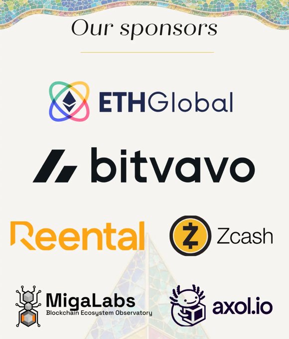 A promotional graphic titled 'Our sponsors' displaying logos for ETHGlobal, bitvavo, Reental, Zcash, MigaLabs Blockchain Ecosystem Observatory, and axol.io.