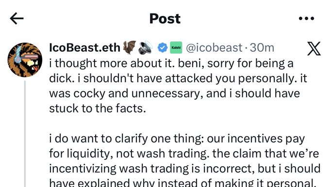 A screenshot of an X (formerly Twitter) post by user @icobeast (IcoBeast.eth), in which they apologize for personally attacking someone named Beni and clarify that their incentives pay for liquidity, not wash trading.