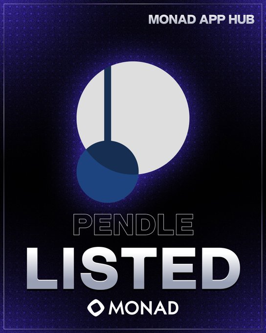 Promotional graphic announcing that Pendle ($PENDLE) is now listed on the Monad App Hub, featuring the Pendle logo and "MONAD APP HUB" header above bold "LISTED" text on a dark purple background.