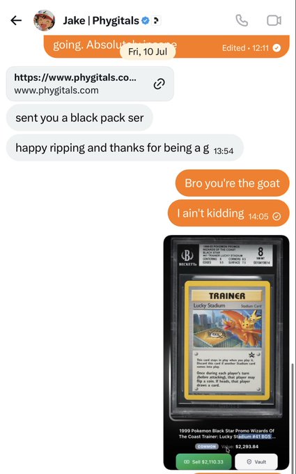 A screenshot of a direct message conversation where "Jake | Phygitals" sent a link to www.phygtials.com and a $2,292.84 Pokémon Black Star Promo Wizards of the Coast Trainer "Lucky Stadium" card graded BGS 8, along with the caption "Bro you're the goat." The accompanying post highlights the $2.5k Black Pack gift received from @coladacodes via @phygitals, showcasing one of the valuable cards pulled from the platform.