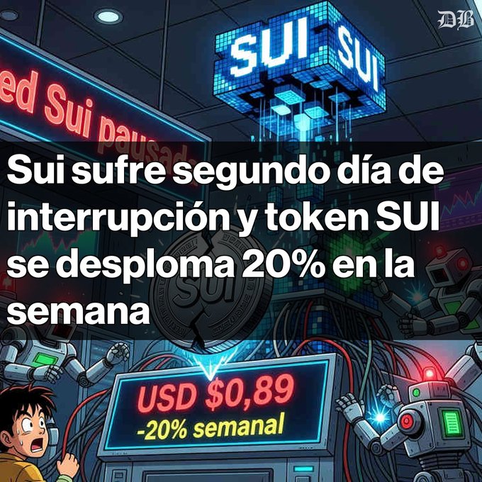 The image depicts two robots engaged in a battle at a cryptocurrency exchange where one robot is trying to take the other's tokens away with an eye-catching message about the recent dip in Bitcoin's value, as indicated by the US dollar sign. It appears that SUI token might lose 20% of its value soon and says so, drawing attention to this potential issue related to cryptocurrency trading.