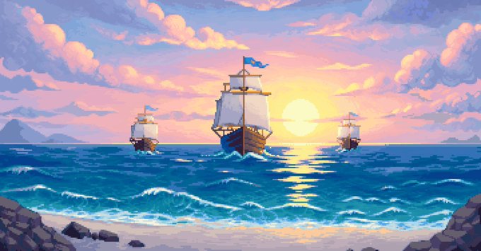 Three pixel-art galleons sail across a sunlit sea beneath a vibrant pink and gold sunset, evoking the adventurous spirit of a "245 ETH MINT OUT" celebration for the Cambria project. The fleet imagery symbolizes the collective journey of 245 successful mints conquering new horizons together.