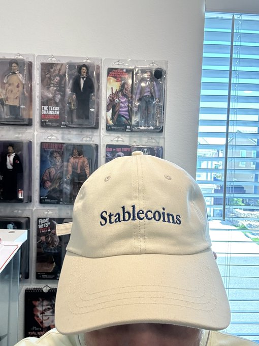 A person wears a cream baseball cap embroidered with 'Stablecoins,' standing in front of a wall displaying packaged horror movie action figures (including Texas Chainsaw Massacre).