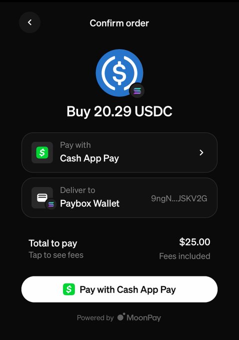 A 'Confirm order' screen on a mobile app showing a purchase of 20.29 USDC, with payment via Cash App Pay to a Paybox Wallet for a total of $25.00, powered by MoonPay.