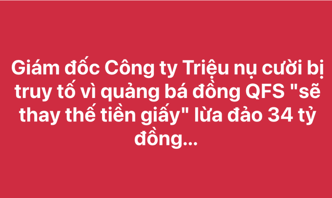 A red-backgrounded graphic with Vietnamese text translating to a Triệu phú (millionaire) company director being prosecuted for promoting the QFS cryptocurrency by claiming it would "replace paper money" and defrauding 34 billion dong.