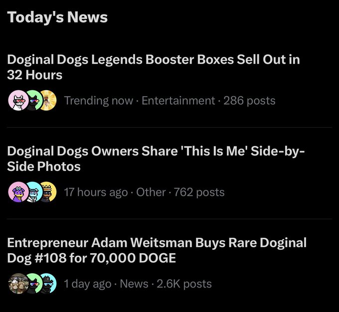 A 'Today's News' feed displaying headlines about Doginal Dogs NFTs selling out and a 70,000 DOGE purchase.