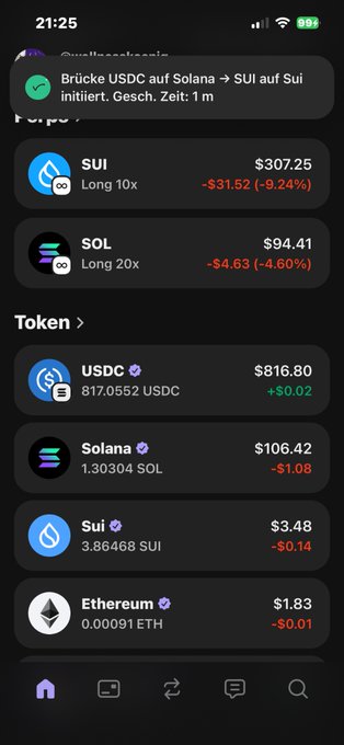 The image shows a phone screen displaying various cryptocurrency transactions, including Bitcoin, Ethereum, and Solana. The text "Got more sui on phantom" appears near the top of the screen, possibly indicating that someone has gained more cryptocurrency than they initially had.