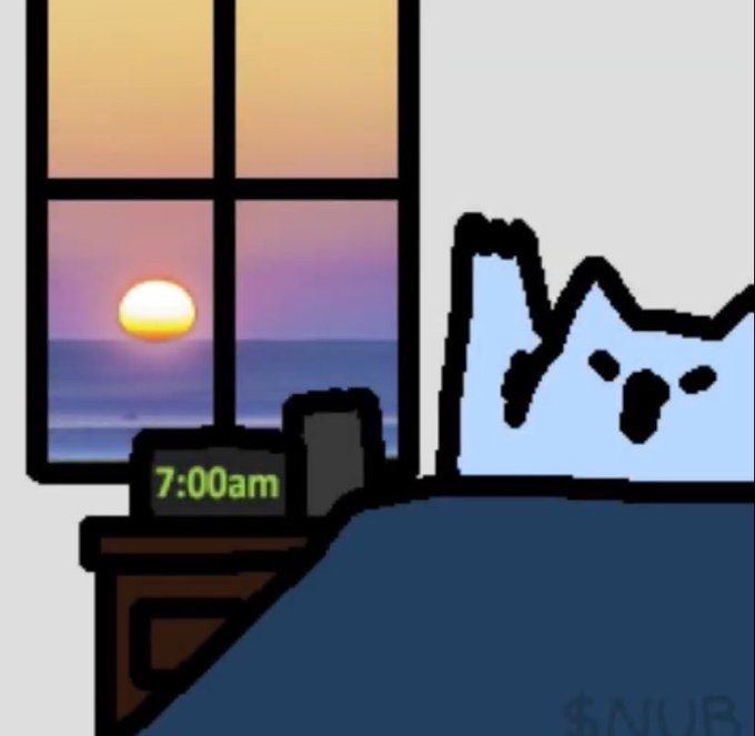 The image shows a pixel-art style sunrise over the ocean viewed through a window, with a digital clock reading "7:00am" on a bedside table and a blue cat perched on the bed, fittingly illustrating the "GM" (good morning) greeting for CATCOINERS at the start of the day.