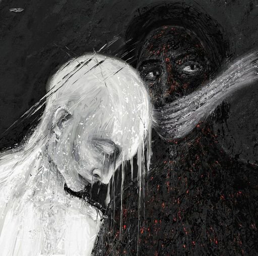 A dark, haunting painting depicts a pale, dissolving female figure beside a menacing shadowy figure with red-tinged features in a black and white composition.
