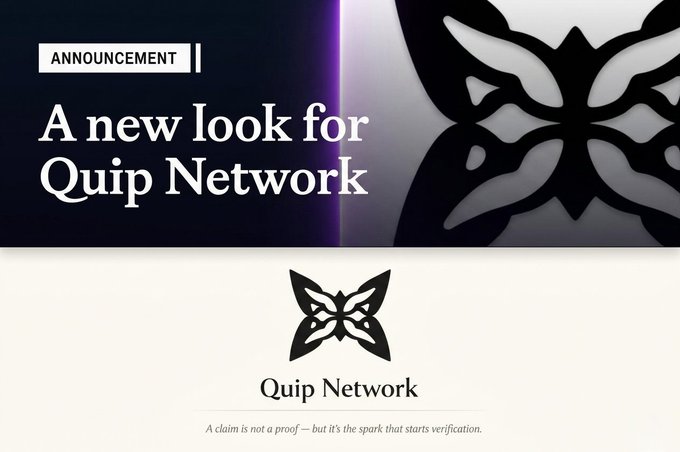 The image shows a postcard-like display with black text and an illustration of a butterfly. The main text on the display reads "Announcement" followed by "A new look for Quip Network". Below this, there are two smaller pieces of information about the company: they are not just chasing trends but also preparing for long game readiness in Bitcoin environments, and local testing is crucial to their success.