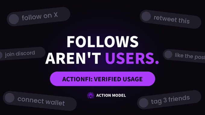 A promotional graphic displays the text 'FOLLOWS AREN'T USERS' and 'ACTIONFI: VERIFIED USAGE' alongside 'ACTION MODEL' and various social media prompts like 'follow on X' and 'join discord.'