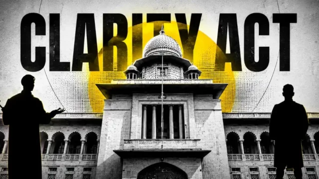 The image shows a dramatic graphic featuring the words "CLARITY ACT" in large bold letters overlaid on a government building with two silhouetted figures, likely representing senators or officials. The visual reinforces the post's frustration by depicting the legislative scene where the Clarity Act is being deliberated, matching Schwartz's call to "Pass the DAM Clarity Act already" and urging the Senate to take action.