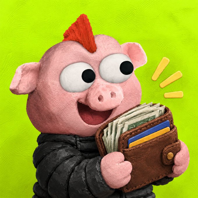 A 3D-rendered pink cartoon pig with a red mohawk and black jacket excitedly clutching a brown leather wallet stuffed with cash and credit cards against a bright green backdrop.