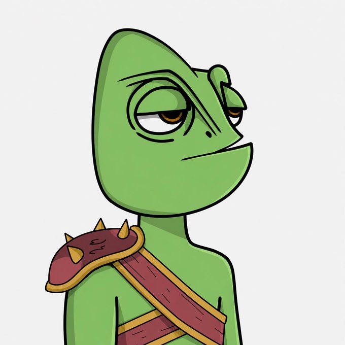 A cartoon drawing of a green chameleon or lizard-like character with a bored expression, wearing a red and gold spiked shoulder strap.