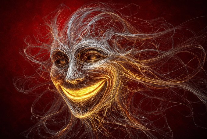 A digital abstract artwork depicts a face with flowing, hair-like white and golden strands against a dark red background, featuring a wide, glowing yellow smile.