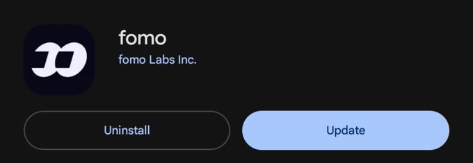 An app store page for 'fomo' by fomo Labs Inc., showing Uninstall and Update buttons.