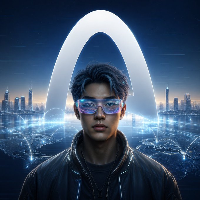 A young man wearing futuristic, glowing tech visor glasses stands before a neon-lit global cityscape with digital network connections and a glowing arch overhead, symbolizing the intersection of technology and global connectivity. The image visually reinforces the post's message about Arc blockchain's role as the foundational infrastructure enabling scalable, real-world crypto applications that connect users worldwide.