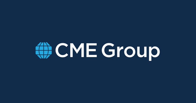 Logo for "CME Group" displayed in white text with a blue globe icon on a dark navy background.