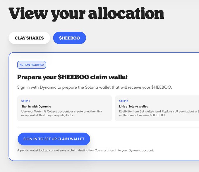 A screenshot of the $HEEBOO airdrop allocation page on claynosaurz.com, prompting users to sign in with Dynamic and link a Solana wallet to prepare to claim their tokens. The interface includes two steps—"Sign in with Dynamic" and "Link a Solana wallet"—alongside a "Sign in to set up claim wallet" button, corresponding to the airdrop query site mentioned in the post.