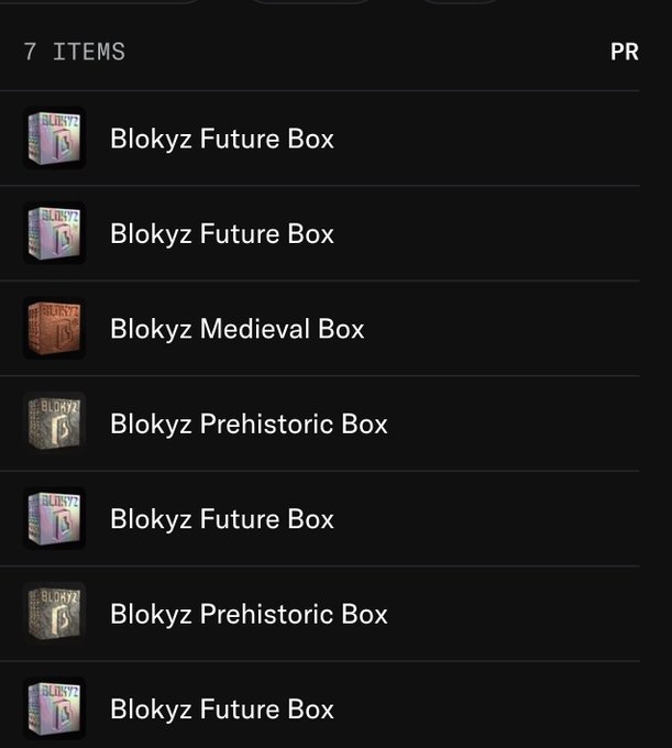A digital inventory list showing 7 items, consisting of several 'Blokyz Future Box' entries along with 'Blokyz Medieval Box' and 'Blokyz Prehistoric Box' entries.