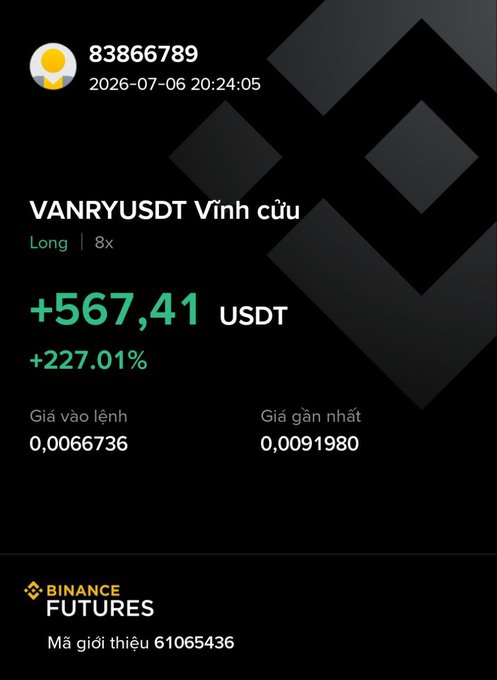 A Binance Futures position showing a VANRYUSDT perpetual long with 8x leverage, displaying a profit of +567.41 USDT (+227.01%), entered at 0.0066736.