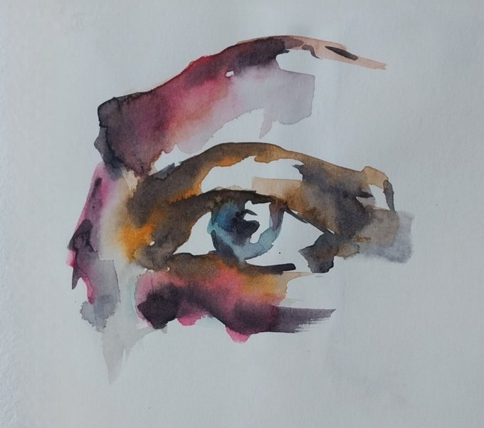 Abstract watercolor painting of an eye on textured white paper, using blended hues of purple, brown, blue, and pink to create the iris and surrounding washes.