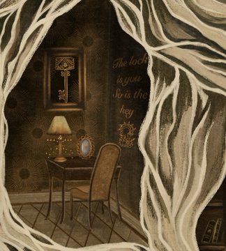 An atmospheric illustration of a gothic room viewed through parted curtains, featuring a framed key, a lit lamp on a side table, and gold text reading 'The lock is you. She is the key.'