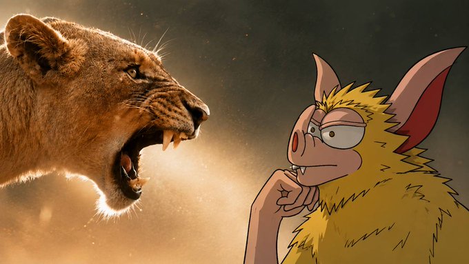 A snarling lioness with bared fangs and sharp claws faces off against a wide-eyed, unfazed cartoonish bat-creature in a dimly lit, dusty scene. The contrast between the lioness's fierce, predatory rage and the bat's nonchalant, almost bored expression visually echoes the idea of "tunnel vision"—a one-sided intensity or focus, with the bat seemingly oblivious to the immediate threat.